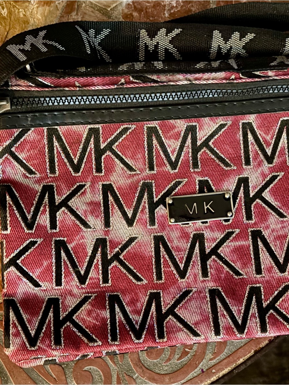 Michael Kors Pink MK Monogram Crossbody Bag or Flight Bag with Black Accents